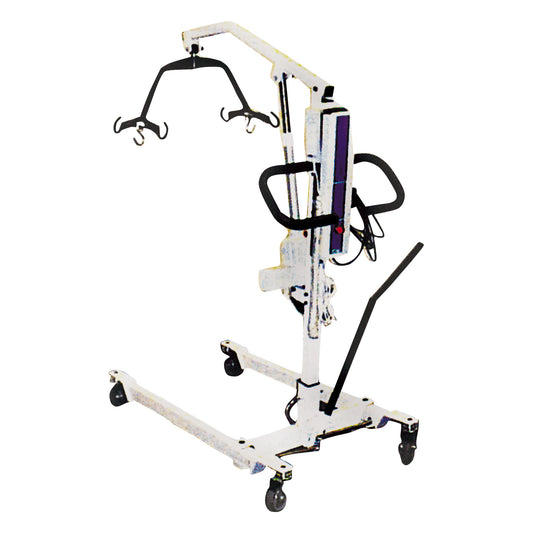Drive Medical Electric Patient Lift with a sturdy metal frame, wheeled base, and sling attachment for patient transfer.