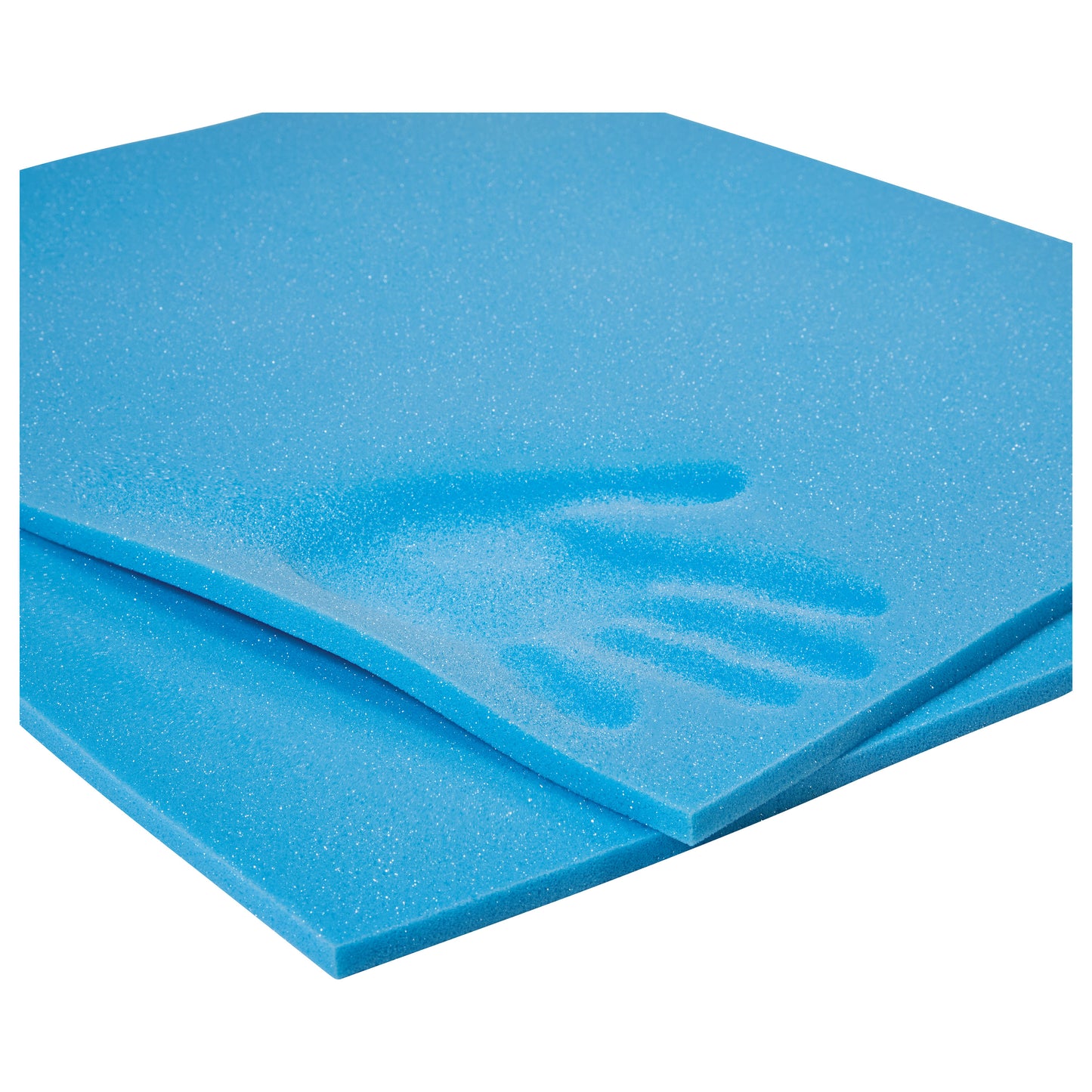 AliMed Non-Adhesive T-Foam Sheet in blue, showing an impression of a hand on its surface.