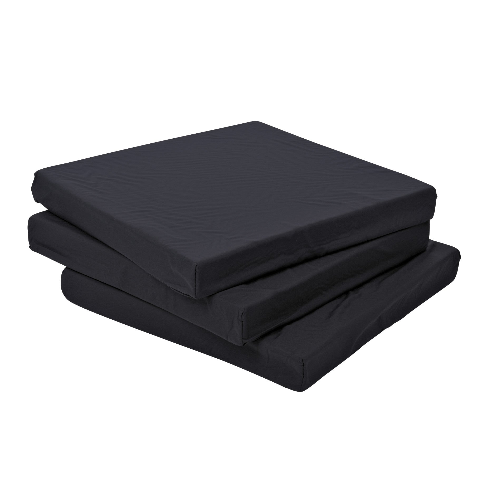 Stacked black foam cushions labeled as "AliMed Foam Economy Wheelchair Cushion." They are rectangular with a smooth surface.