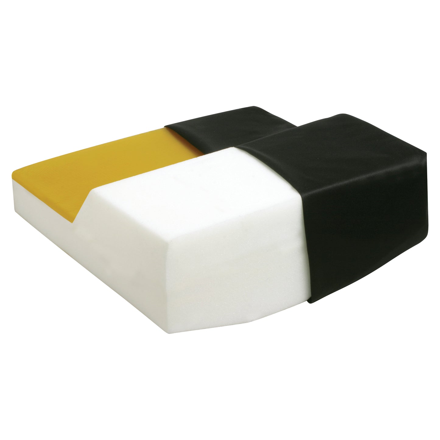 AliMed Anti-Thrust Wheelchair Cushion with Convex Base is shown with white foam padding, yellow section, and black cover.