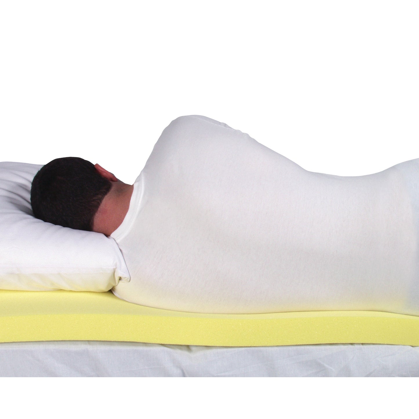 A person is lying on their side on an AliMed T-Foam Mattress Topper, with a white pillow and wearing a white shirt.
