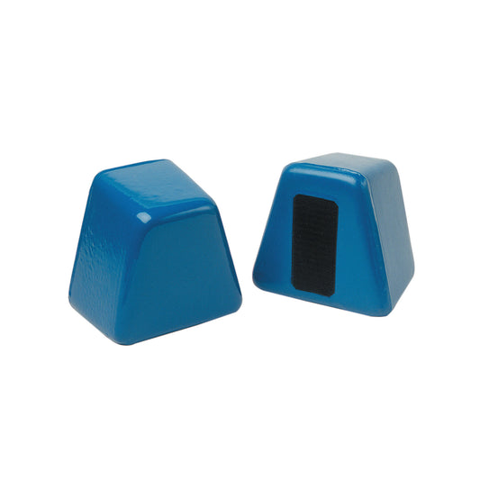 Two blue Skillbuilders Abductor Positioning Wedges, one with a black strip on its side, designed to support leg positioning.