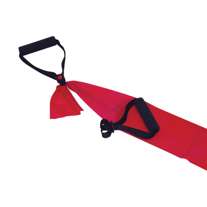 A red resistance band with Foam Handle grips, featuring adjustable straps and handles for exercise or physical therapy.
