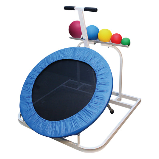 Deluxe Round Rebounder and Medicine Ball Set with a blue rebounder and a rack holding four colored medicine balls.
