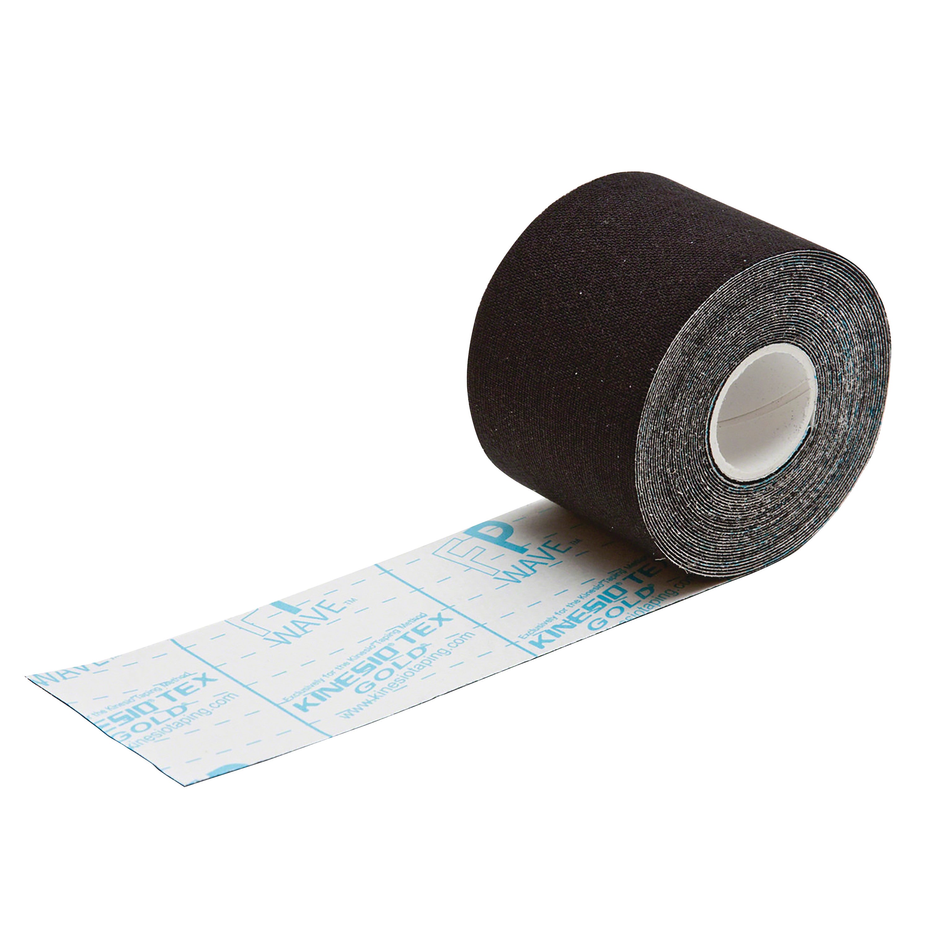 A roll of black Kinesio Tex Gold FP Tape is partially unrolled, showing the adhesive backing with printed markings.