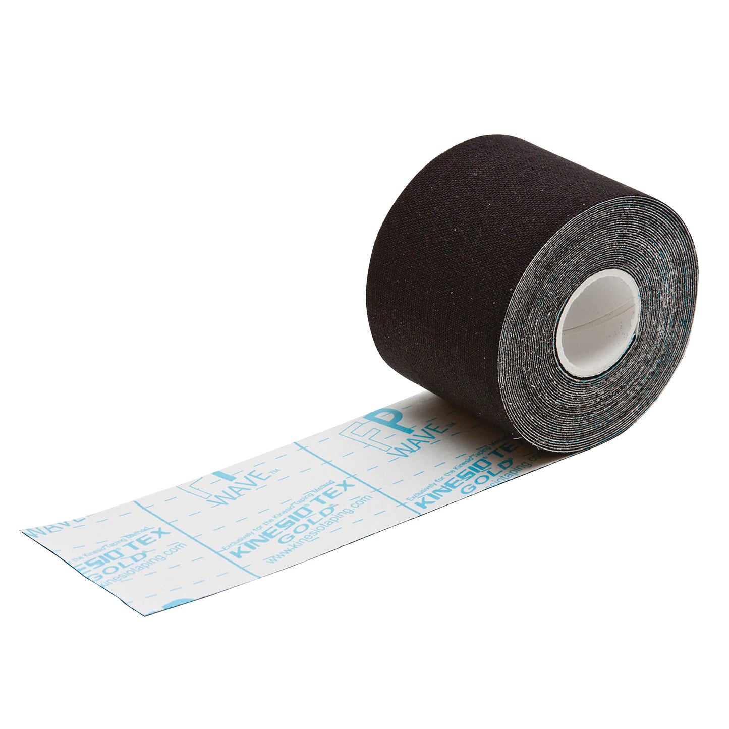 A roll of black Kinesio Tex Gold FP Tape is partially unrolled, showing the adhesive backing with printed markings.