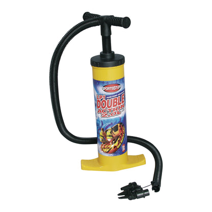 A yellow High-Volume Pump with a double action feature, flexible hose, three interchangeable nozzle attachments, and a sturdy base.