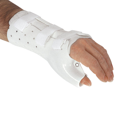 A person wears a Wrist-Hand-Thumb PlastiCast, a white, perforated plastic splint with three adjustable fasteners for support.