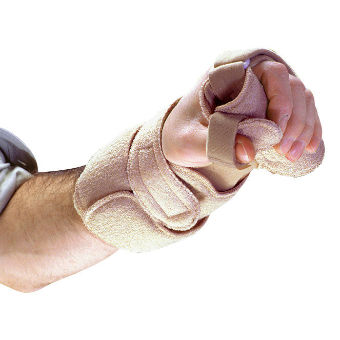 A person wears an AliMed Omni Progressive WHT Orthosis on their left forearm and hand, securing the wrist and fingers in place.