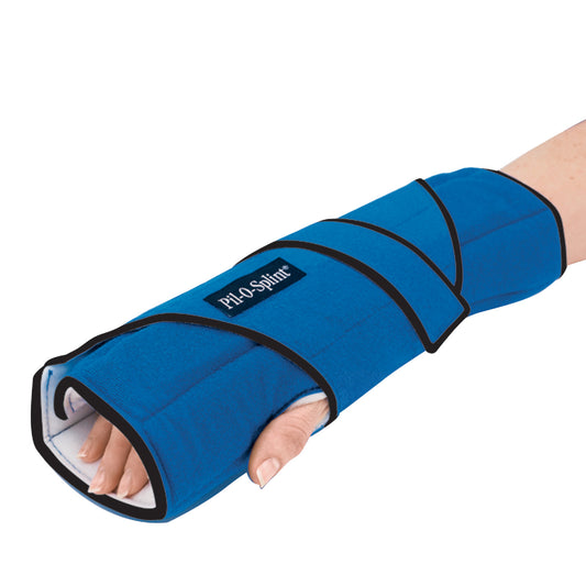 A person's arm is in a blue Brownmed IMAK RSI Pil-O-Splint Adjustable Hand/Wrist Support, featuring  hook and loop  fasteners.