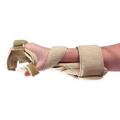 A forearm with the AliMed Omni Progressive WHT Orthosis, featuring beige straps securing the wrist and hand in place.