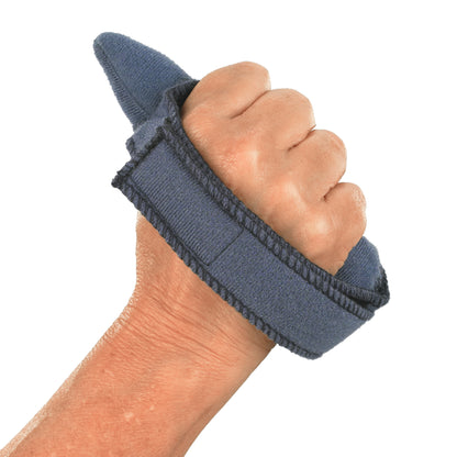 A hand is wearing the OCSI AirPro Air Graduate WHFO, a blue wrist-hand orthosis with a strap, supporting the thumb.