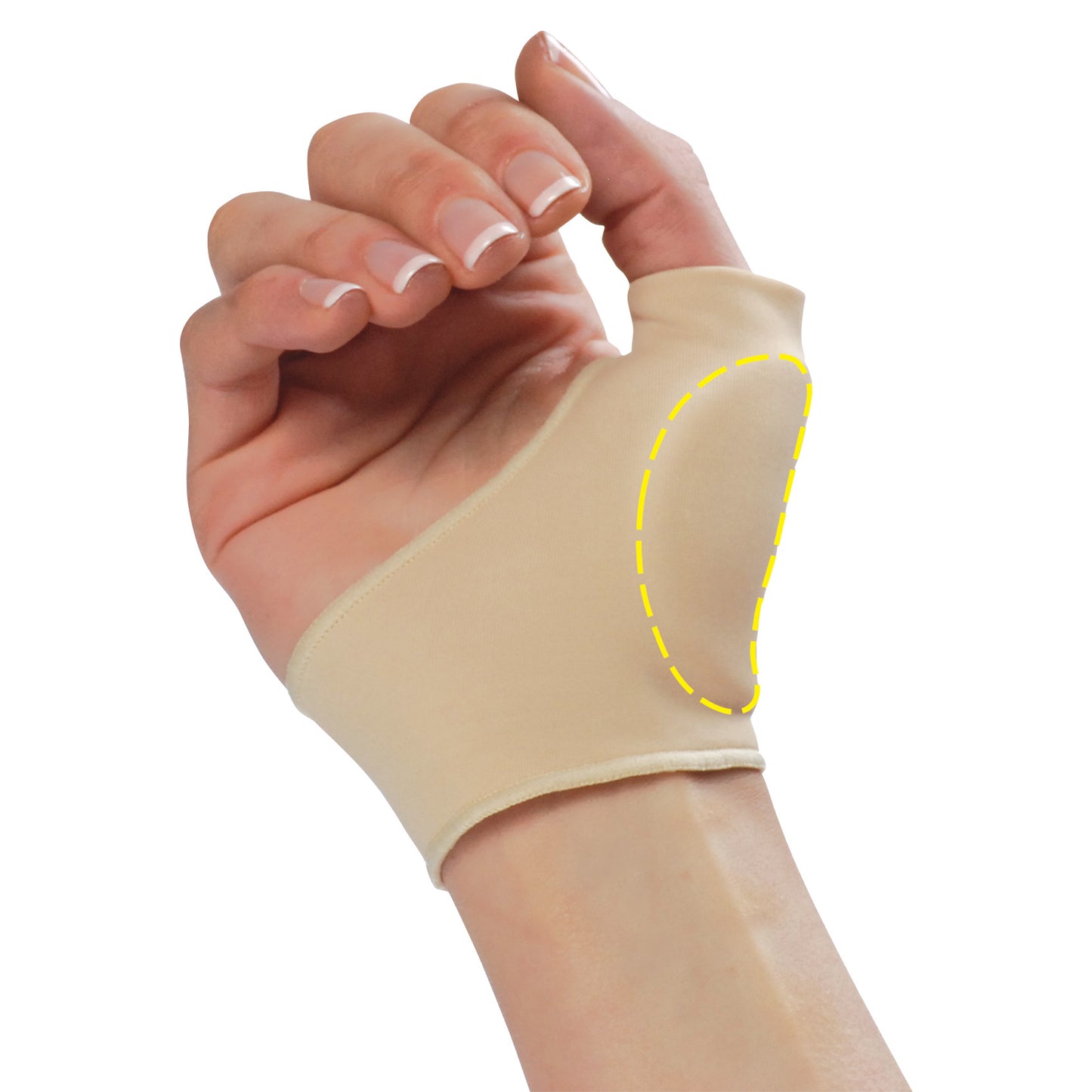 A hand wearing a PediFix Visco-GEL Palm and Thumb Protector, highlighting the thumb area with a dashed yellow line for support.