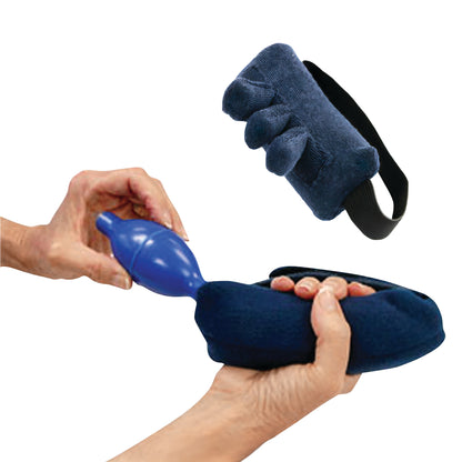 A person inflates the Comfy Splints Adult Hand Air Roll with Finger Separator, designed to assist in hand therapy and rehabilitation.