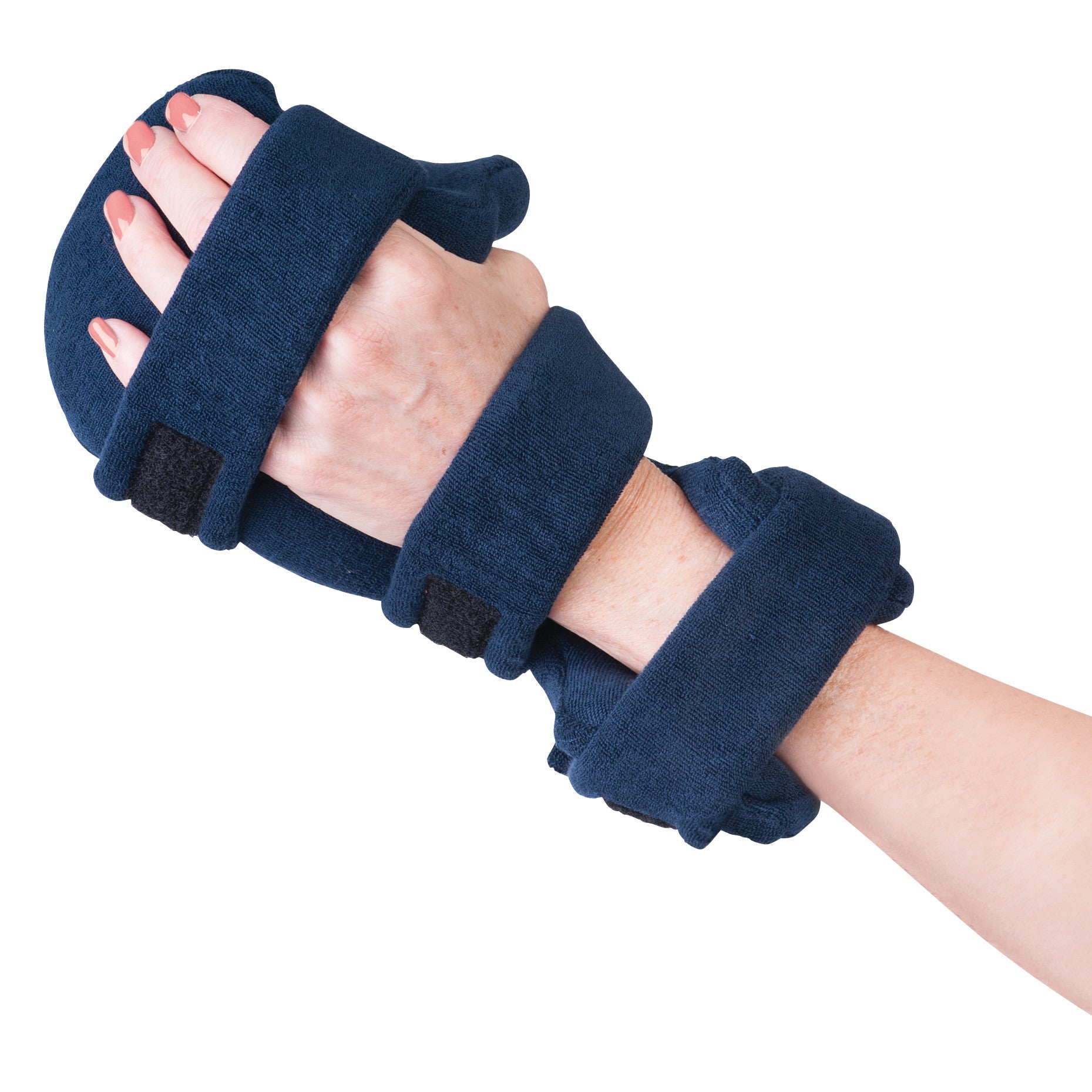 A hand wearing a Comfy Splints Adult Deviation Opposition Hand/Thumb Orthosis in blue, featuring adjustable straps.