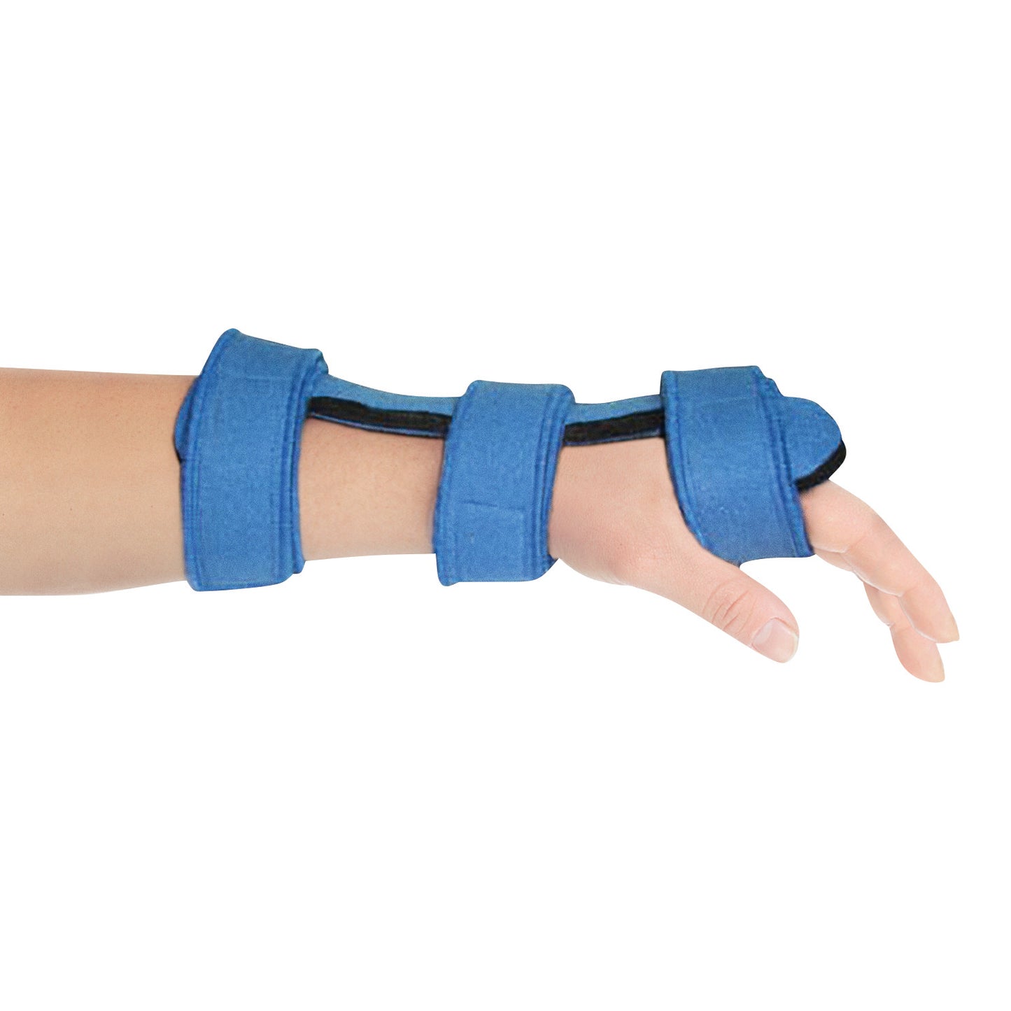 A forearm is shown wearing a Comfy Splints Adult Dorsal Hand Orthosis, which is a blue splint with straps for support.