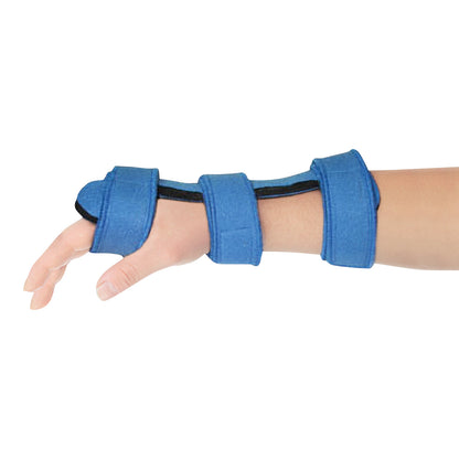 A forearm and hand wearing the Comfy Splints Adult Dorsal Hand Orthosis, featuring blue fabric and straps for support.
