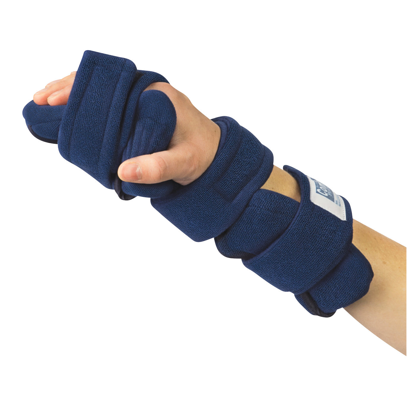 A person wears a Comfy Splints Adult Goniometer Hand/Thumb Orthosis with blue padding and adjustable straps for support.