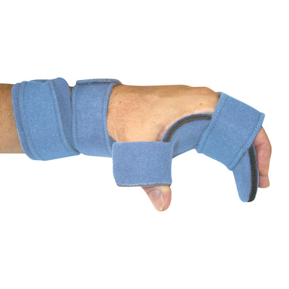 A hand wearing a blue Comfy Splints Adult Opposition Hand/Thumb Orthosis, with straps securing the thumb and wrist in place.