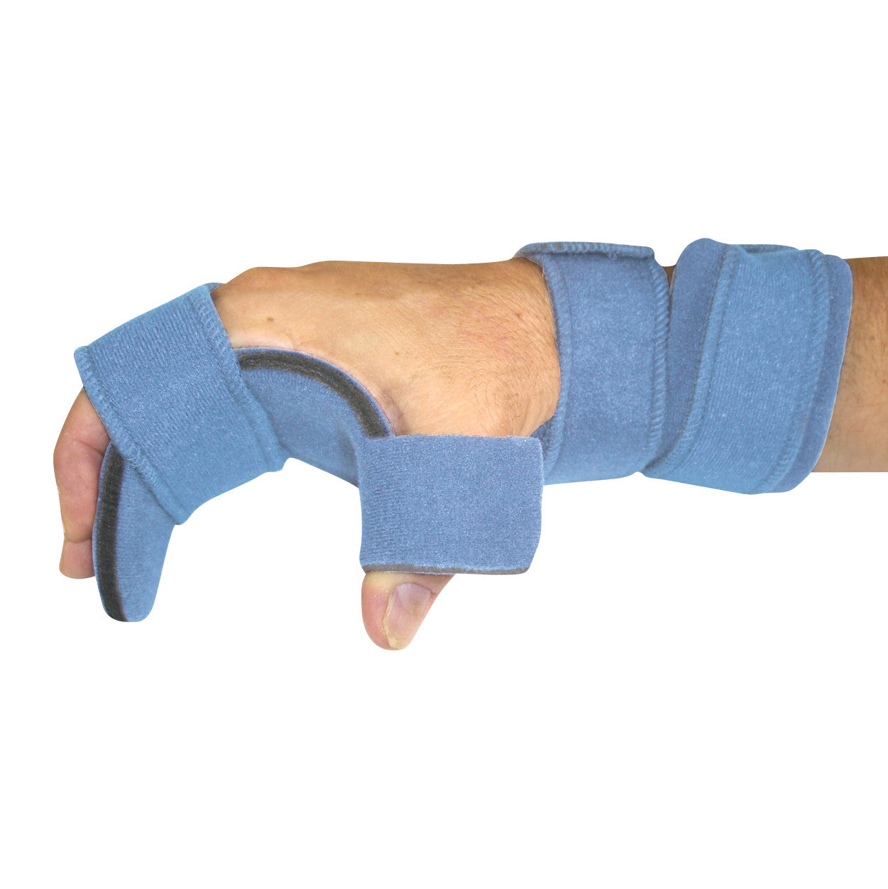 A hand wearing the Comfy Splints Adult Opposition Hand/Thumb Orthosis, offering support with blue fabric and straps.