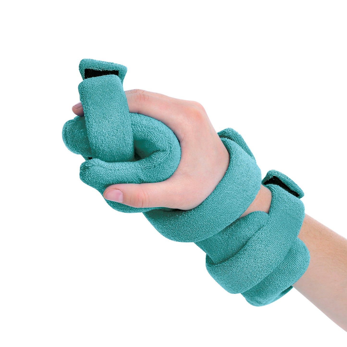 A hand is shown wearing the Comfy Splints Pediatric Opposition Hand/Thumb Orthosis, a turquoise brace with straps for support.