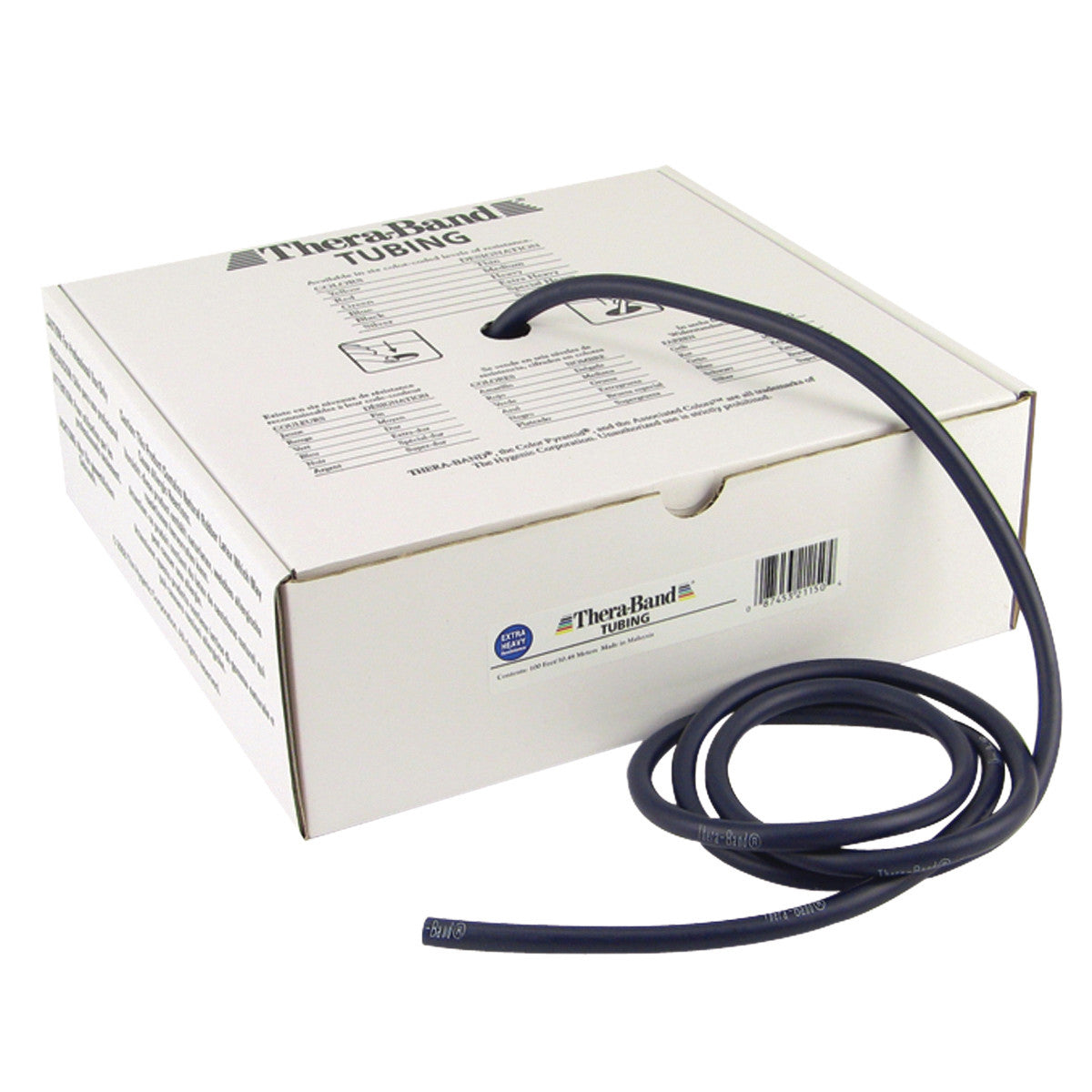 THERABAND Latex Exercise Tubing in black is coiled next to its packaging box, designed for resistance training and exercises.