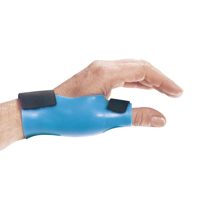 A hand wearing the AliMed SportsFit Wrist/Hand/Thumb Orthosis, a blue support brace with black straps, designed for stability.