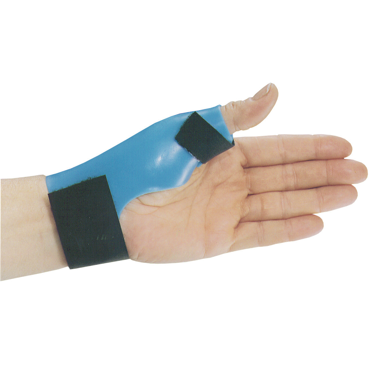 An AliMed SportsFit Wrist/Hand/Thumb Orthosis in blue, worn on a hand, with straps for support.