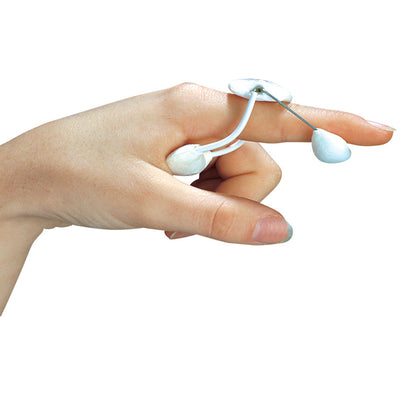 A hand wears the DeRoyal LMB Spring Finger Extension Assist (Model 501) on its index finger, aiding finger extension with a white spring device.