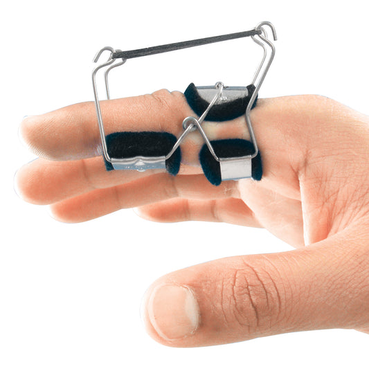 A hand using a Bunnell Reverse Knuckle Bender with adjustable loops and Velcro straps to aid finger flexion and joint movement.