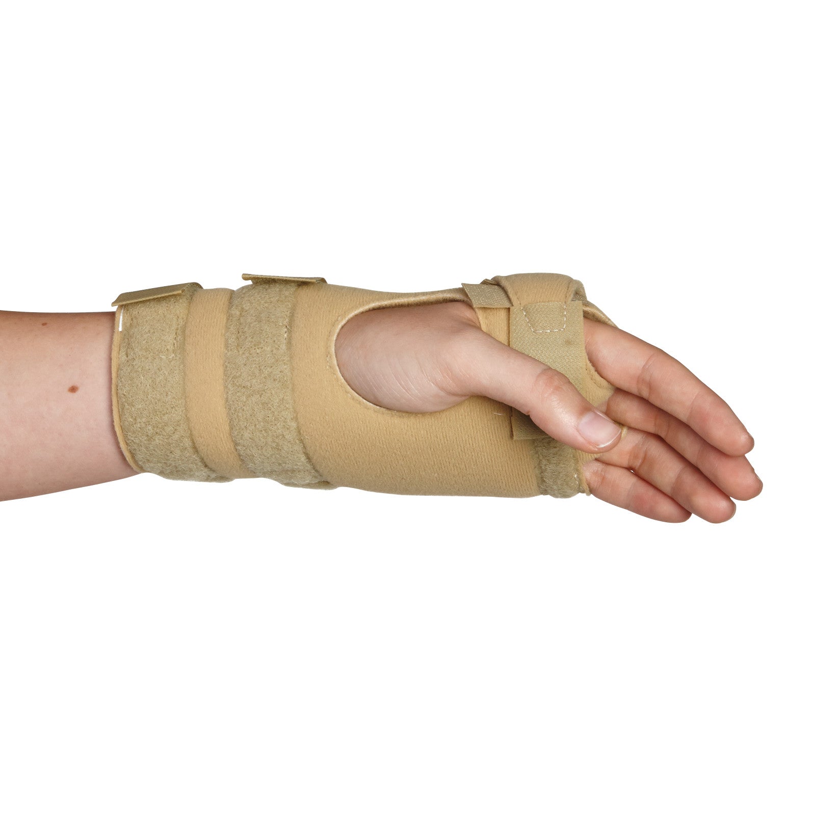 A hand wearing the AliMed FREEDOM Arthritis Support, a beige wrist brace with straps, offering support and stability.
