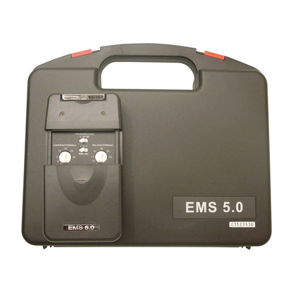 EMS 5.0 Dual Channel Muscle Stimulator in a black carrying case with control knobs and frequency settings visible on the front panel.