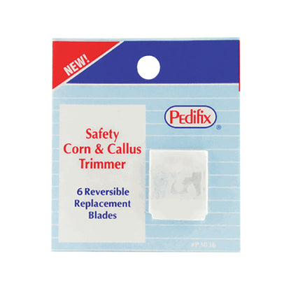 Replacement Blade for Pedi-Quick Safety Corn and Callus Trimmer package containing six reversible replacement blades.