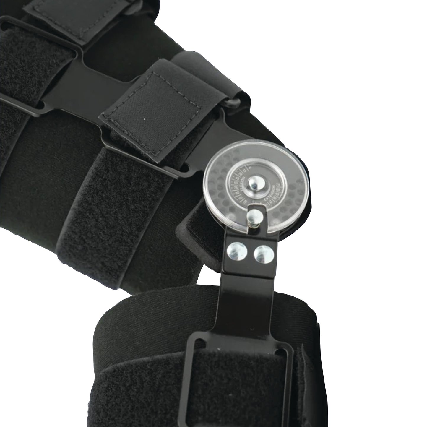 Close-up of the RCAI Long Adjustable Post-Operative Pin (POP) Knee Brace with Cool Liner, featuring straps and a hinge.