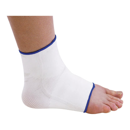 A foot wearing the AliMed Compression Ankle Support, a white sleeve with blue trim providing support around the ankle area.