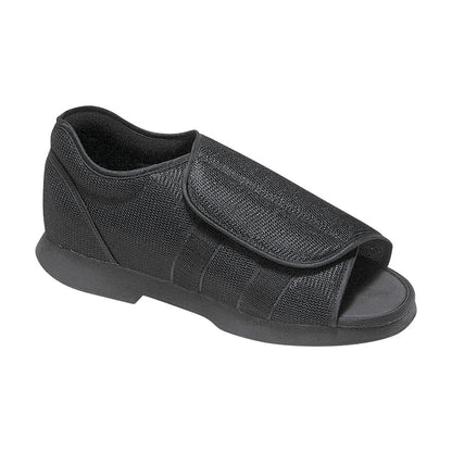 A black DARCO Ezy-Close Post-Op Shoe with an adjustable strap and an open-toe design.