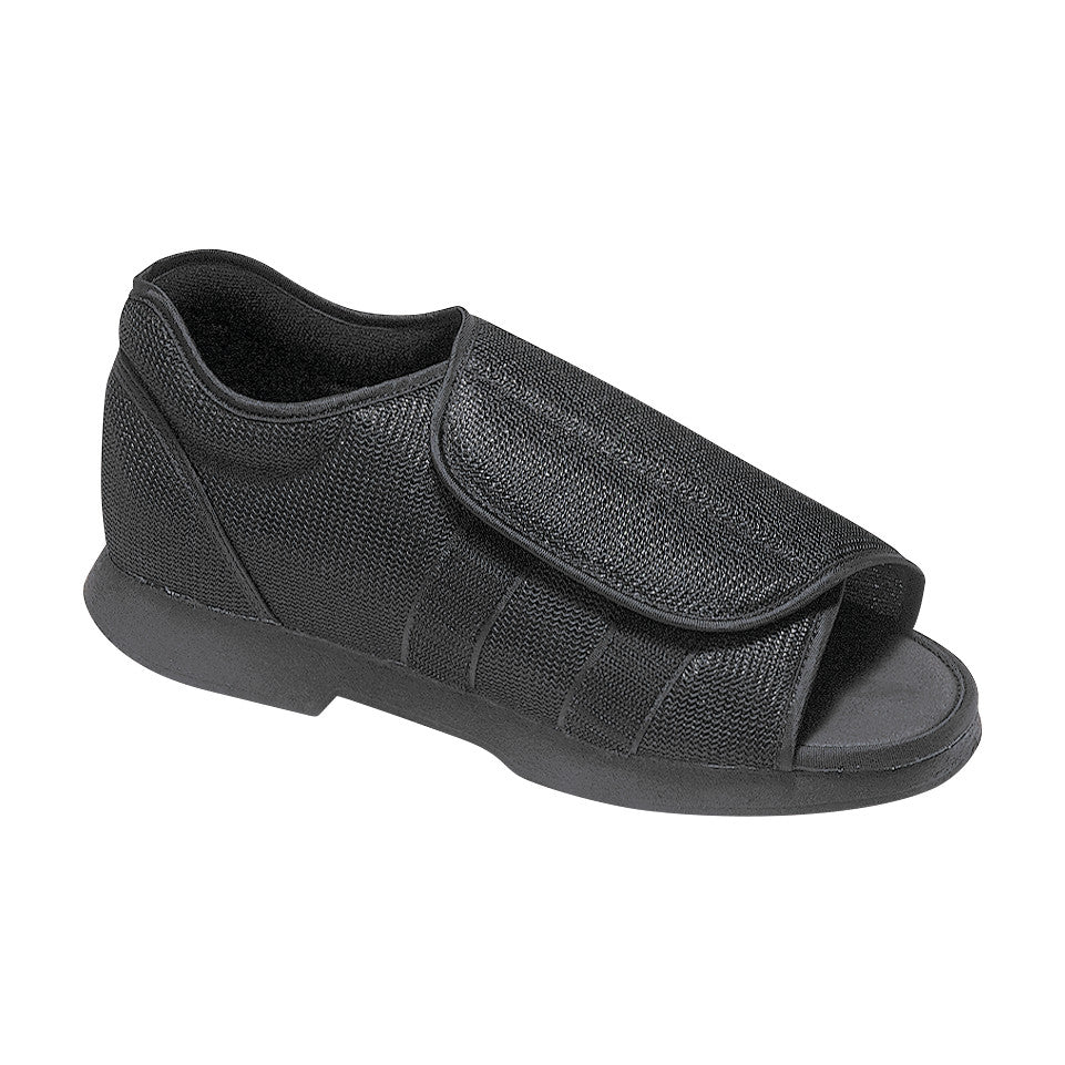 A DARCO Ezy-Close Post-Op Shoe, featuring a black fabric design with a wide strap and an open toe.
