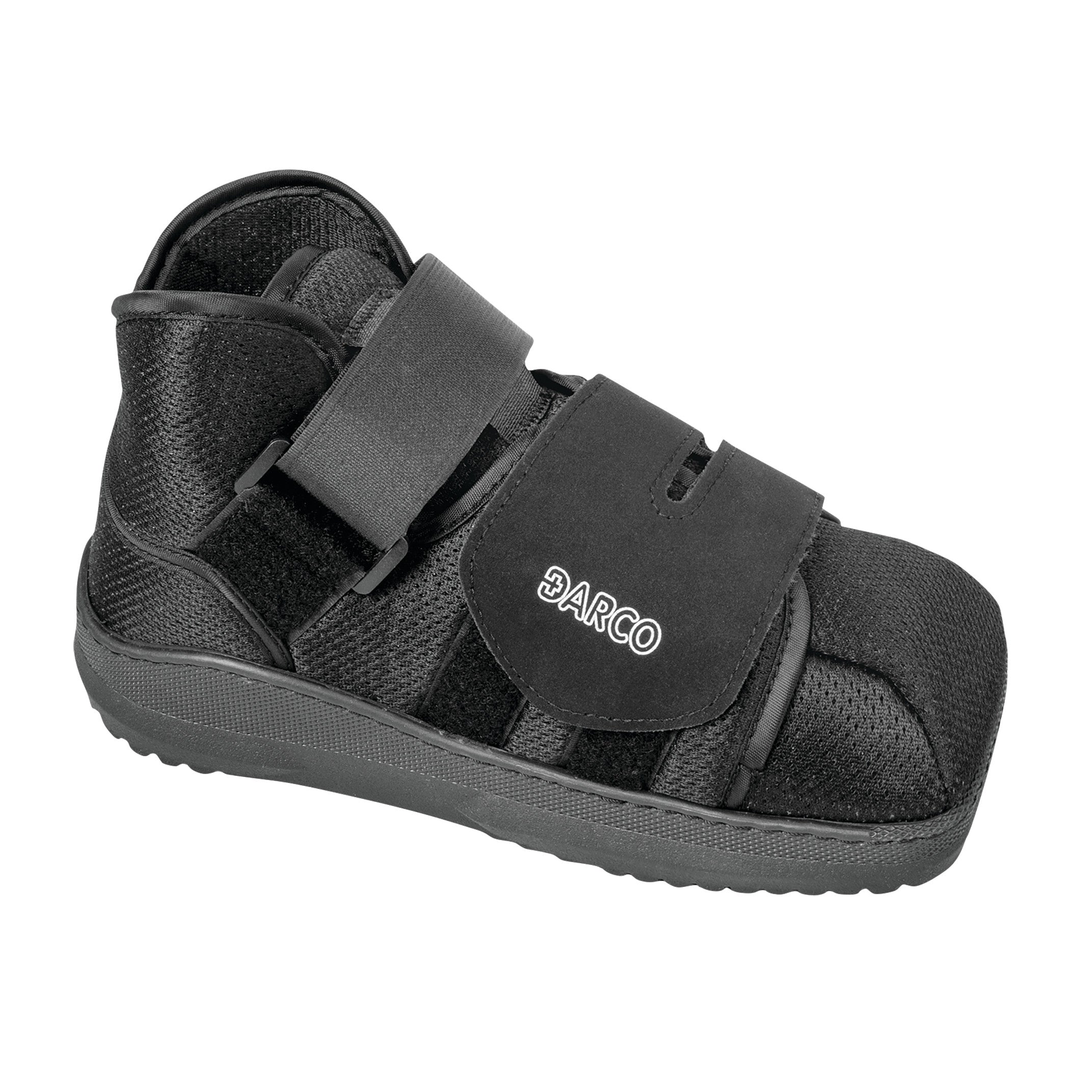 A DARCO APB Shoe, a black post-operative shoe with adjustable straps for foot support and protection.