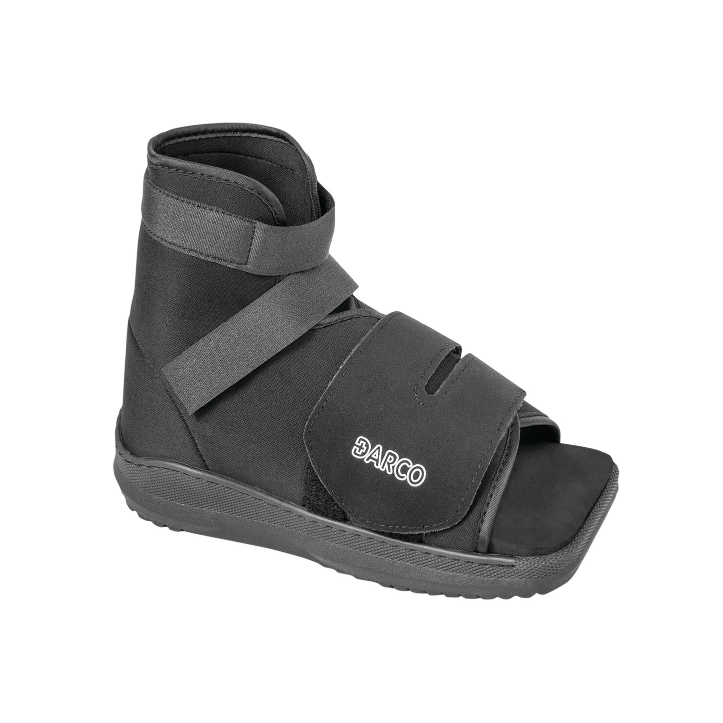 A DARCO Slimline Cast Boot, featuring a black open-toe design with two straps and a high-ankle support.