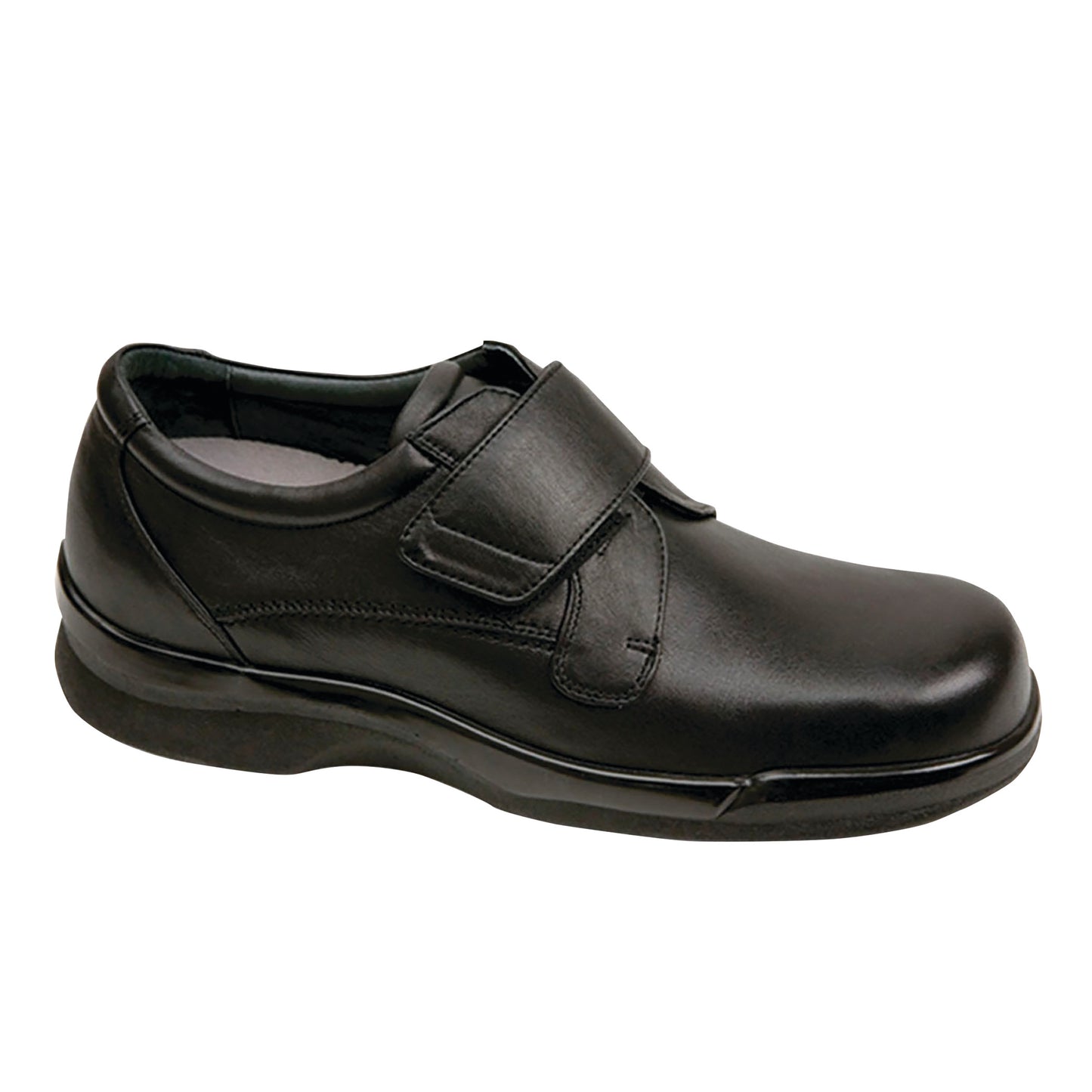 A black leather shoe with a strap. It is the Apex Men's Biomechanical Single-Strap Casual Shoe.
