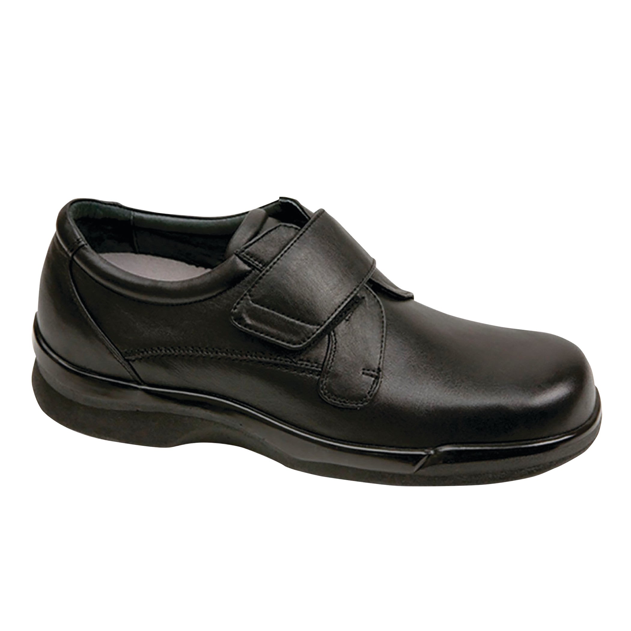 Apex Men's Biomechanical Single-Strap Casual Shoes in black, featuring a wide strap and smooth leather design.