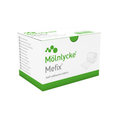 Box of Molnlycke Mefix Dressing, a self-adhesive fabric, with a green and white design and an image of the tape on the side.