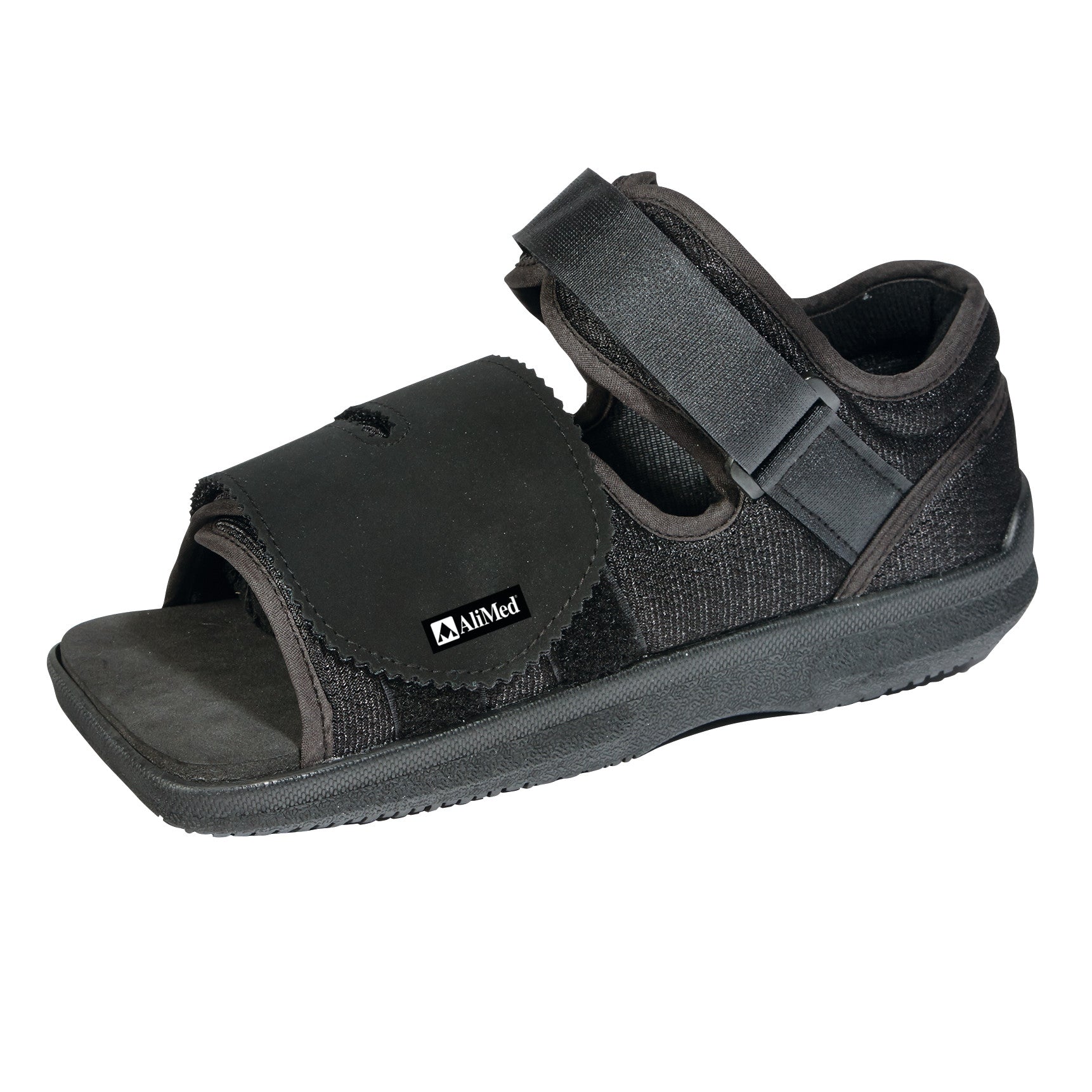 An AliMed Square Toe Post-Op Shoe, black with adjustable straps, designed for foot support after surgery.
