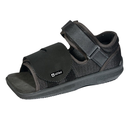 An AliMed Square Toe Post-Op Shoe, black with adjustable straps, designed for foot support after surgery.