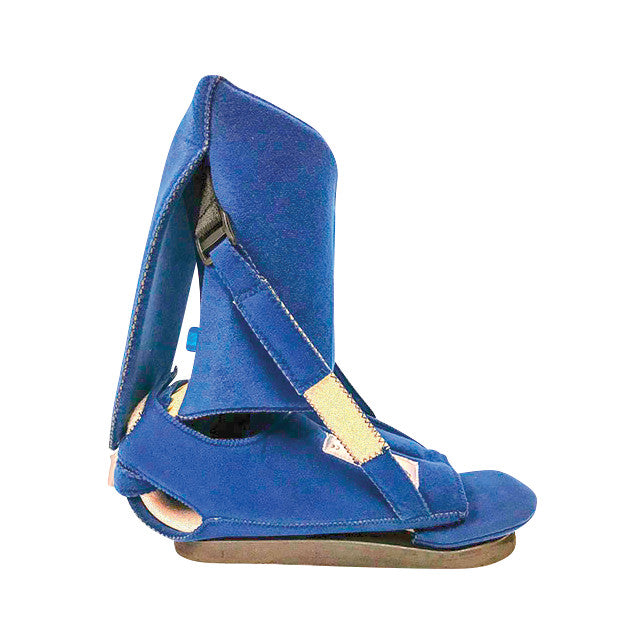 A Comfy Splints Adult Ambulating Adjustable Contracture Boot with Strap, featuring a blue padded design and straps.