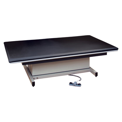 Clinton Hi-Lo Upholstered Mat Platform with a black padded surface, adjustable height base, and foot pedal control.