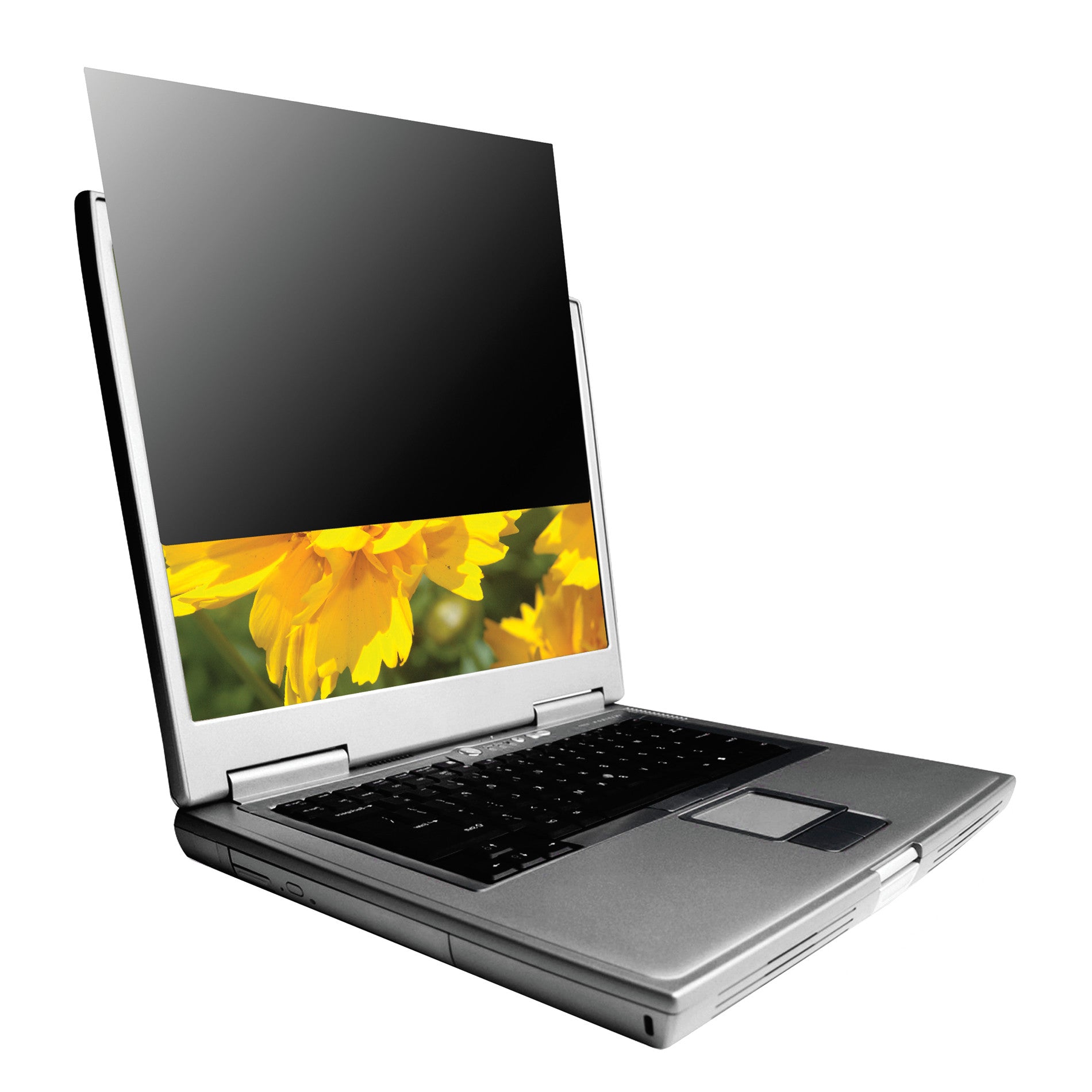 A laptop with a Kantek Secure-View Blackout Privacy Filter, partially showing a daisy image, demonstrating screen privacy.