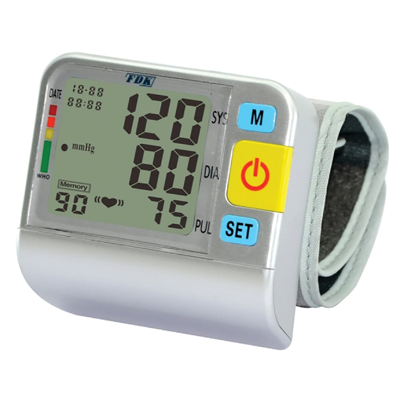 A Talking Wrist Blood Pressure Monitor displays a reading of 120/80 mmHg with a pulse rate of 75, featuring buttons for memory and settings.