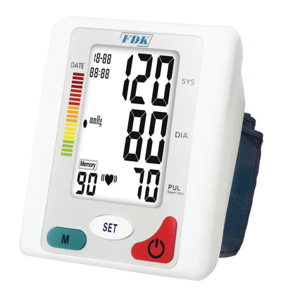 The FDK Digital Talking Arm Cuff Blood Pressure Monitor displays readings of 120/80 mmHg and a pulse rate of 70 on its screen.