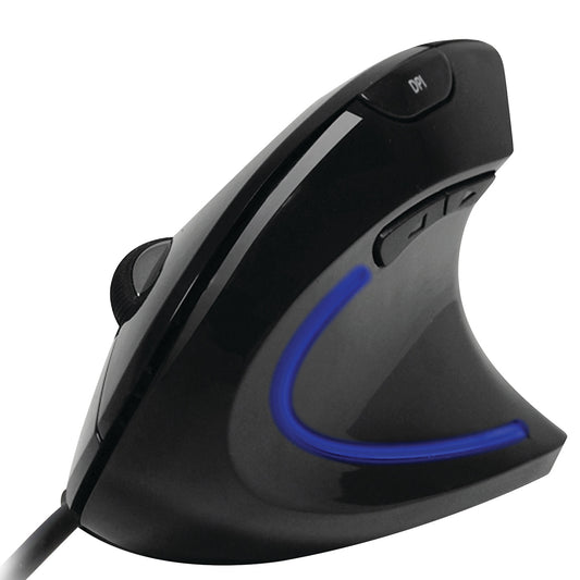 The Adesso iMouse E1 Illuminated Vertical Ergonomic Mouse features a black, vertical design with blue accents and a DPI button.